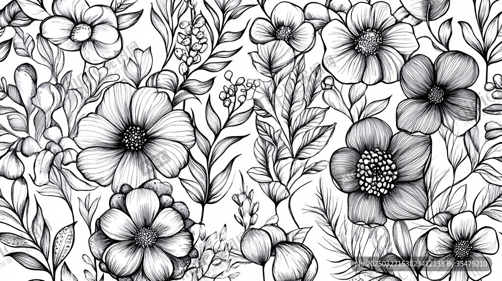黑白花卉图案手绘插画