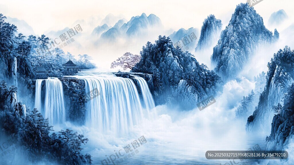 水墨山水瀑布意境图