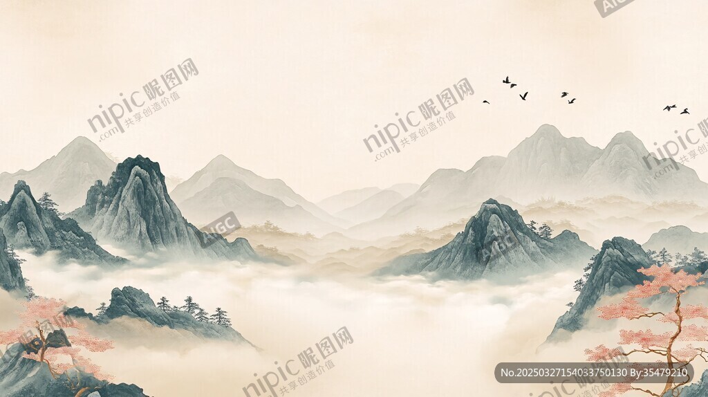 水墨山水间飞鸟绕峰图