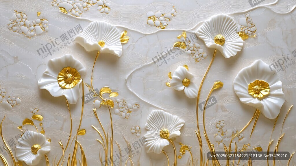 金白花卉立体艺术装饰画