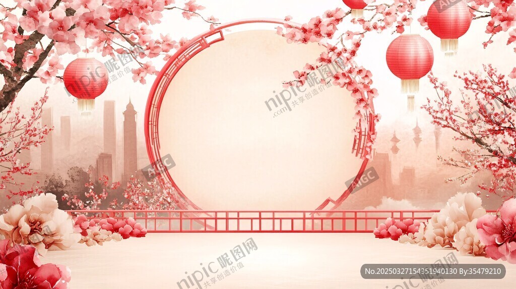 中式喜庆场景 花卉灯笼环绕