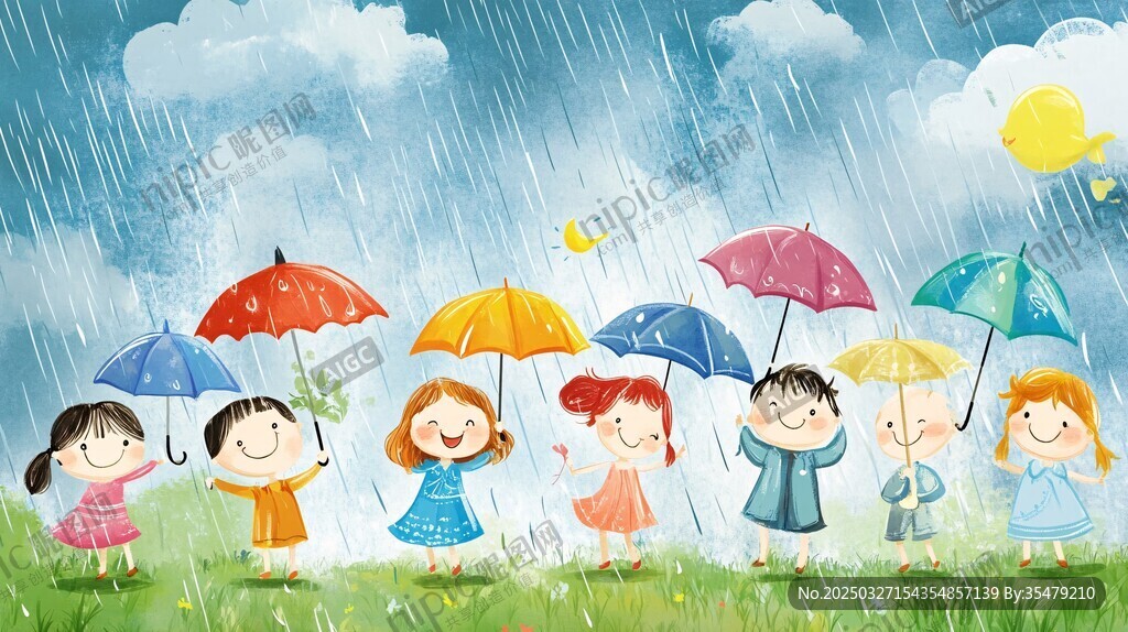 雨中童趣 孩子们撑伞欢乐时光