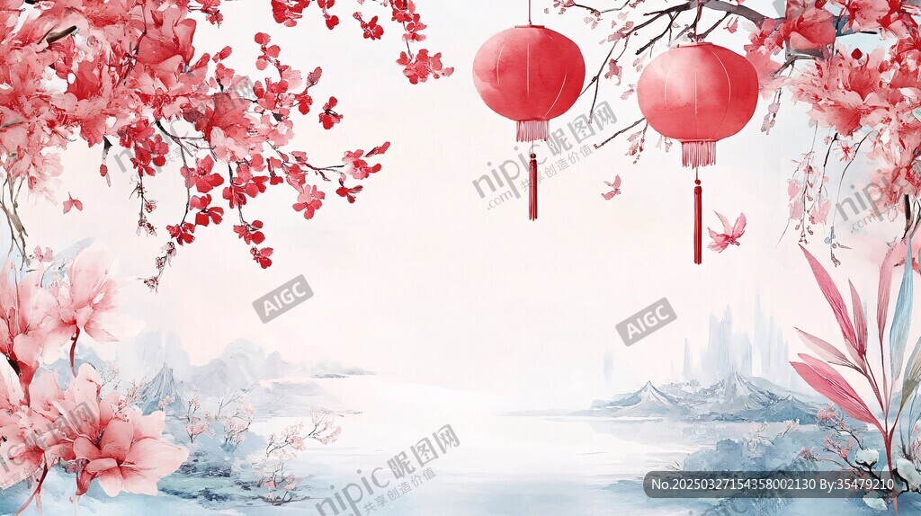春日繁花红灯笼中式美景