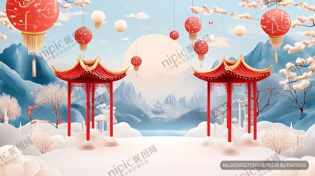 冬日中式美景 灯笼映亭阁