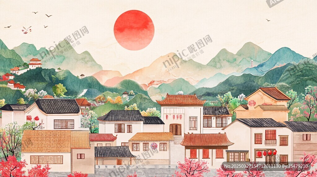 山村夕照图