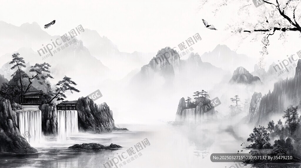 水墨山水间 飞鸟伴幽景