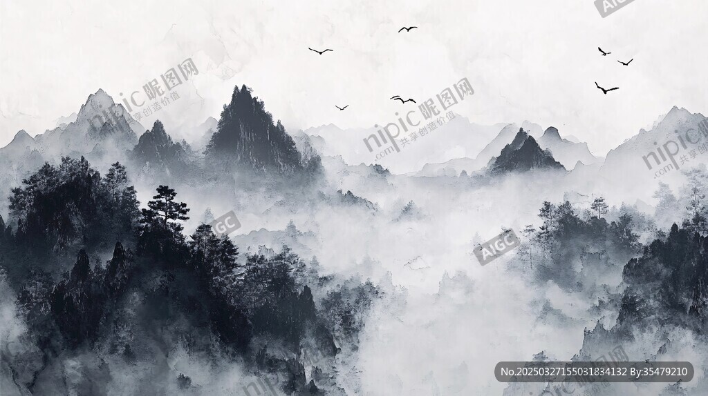 水墨山水间飞鸟伴云雾