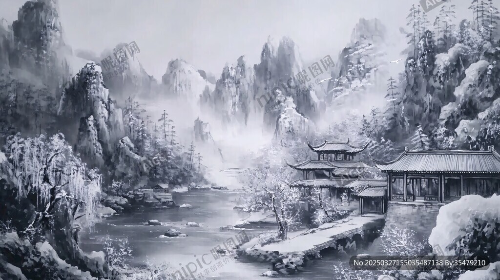 水墨雪景中式山水古建筑