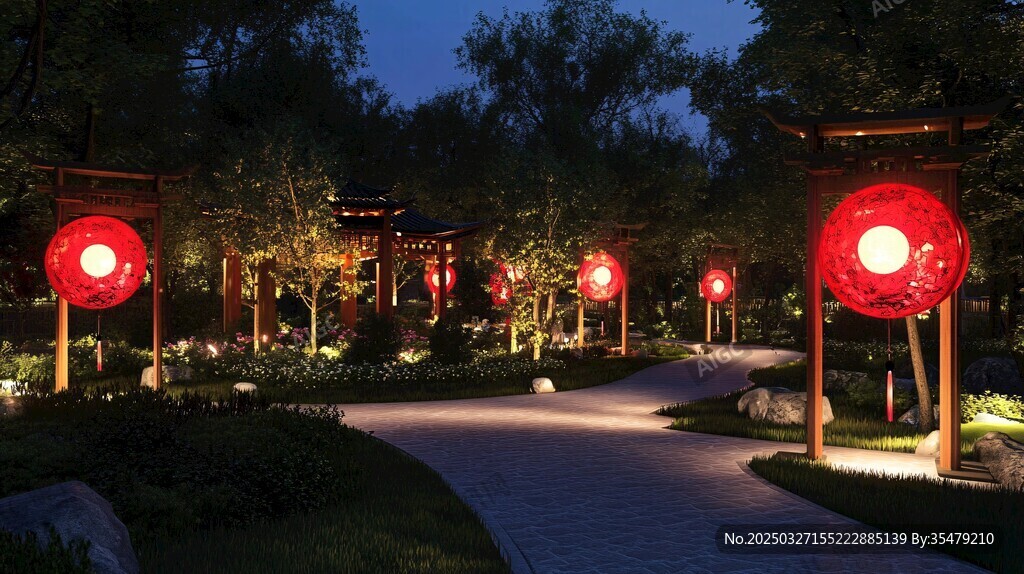 中式夜景园林 红灯笼点缀