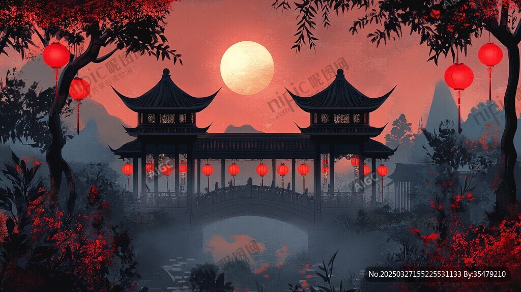 夕阳下的中式古风亭桥美景