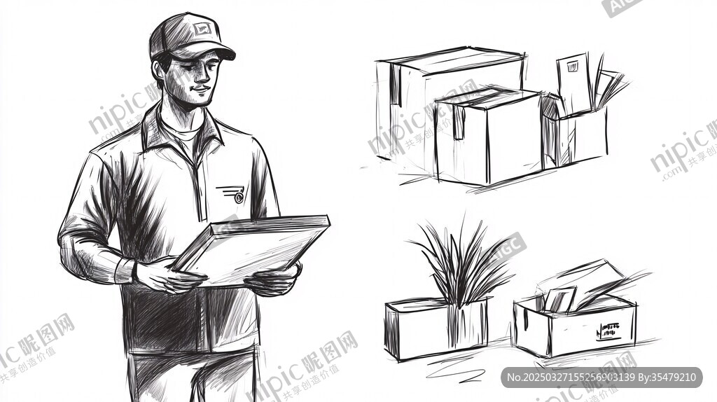 快递员与包裹物品插画
