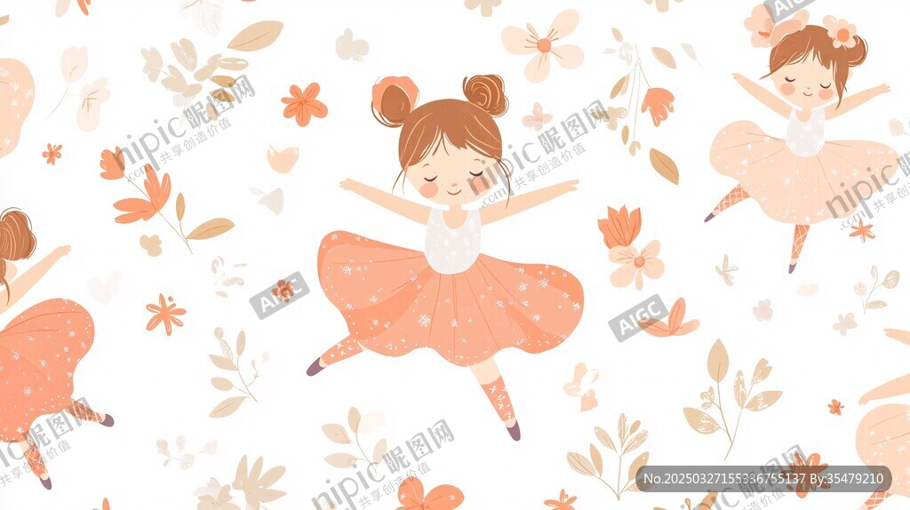 可爱芭蕾女孩与花卉图案