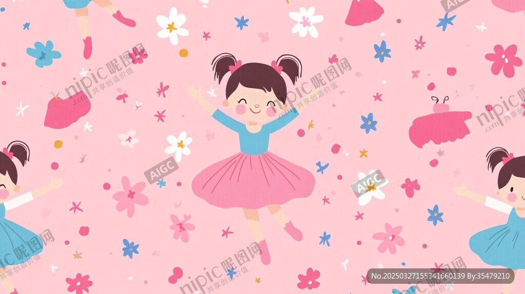 可爱女孩与花卉舞蹈图案
