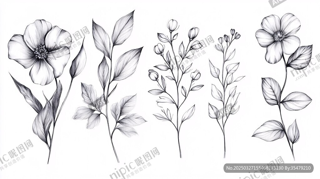 手绘黑白花卉植物元素