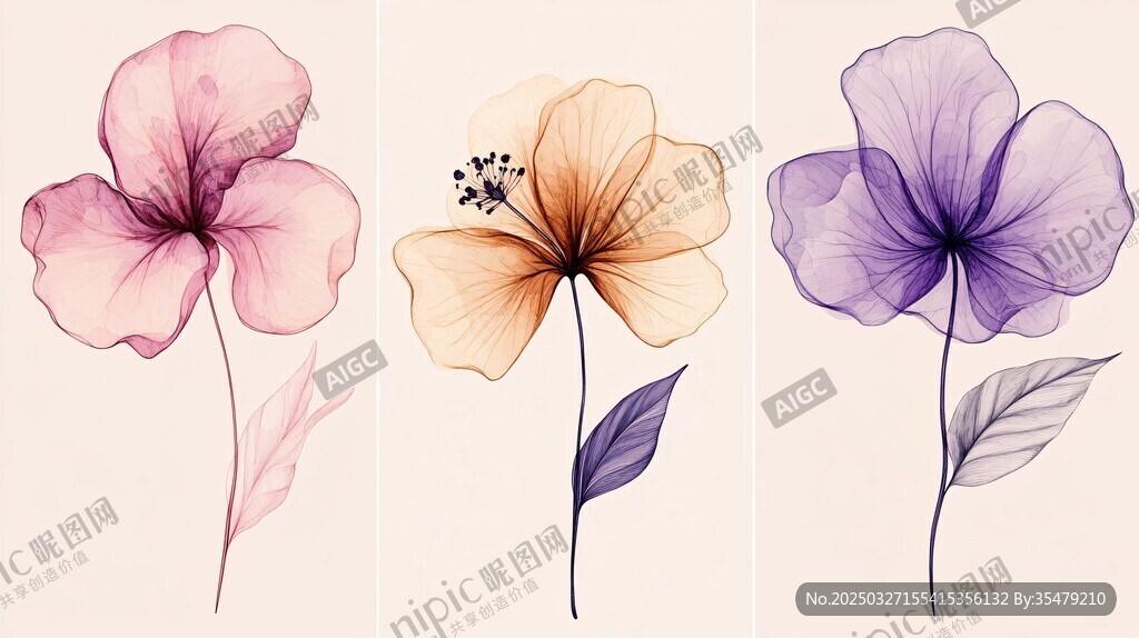 三色手绘花卉插画
