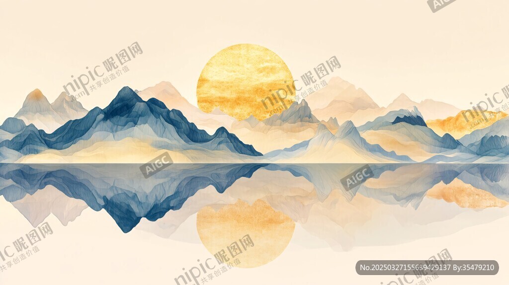夕阳下的山水倒影美景
