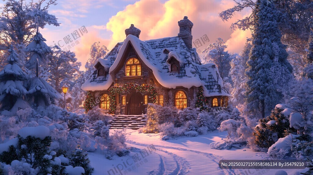 冬日梦幻小屋雪景