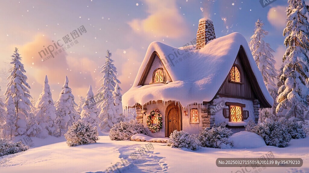 雪中小屋的温馨冬日景象