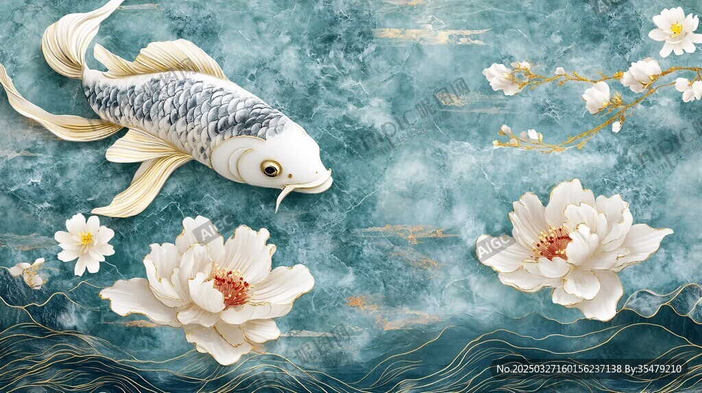 锦鲤戏牡丹 中式祥瑞图景