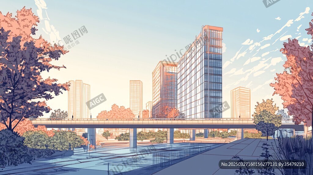秋日城市河畔景观