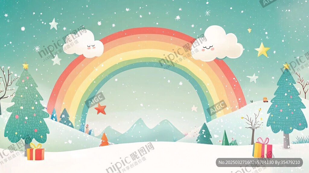 冬日彩虹雪景梦幻插画
