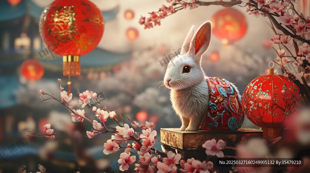 玉兔贺岁 繁花红灯相映