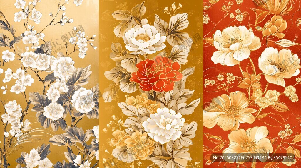 中式花卉图案精美三联画