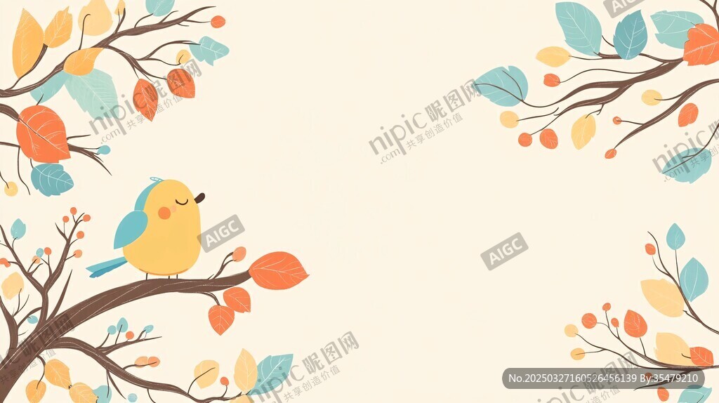 枝头小鸟与多彩树叶插画