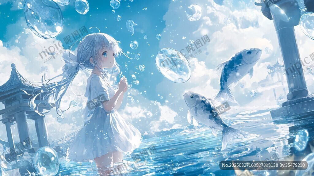 梦幻少女与水中锦鲤共舞
