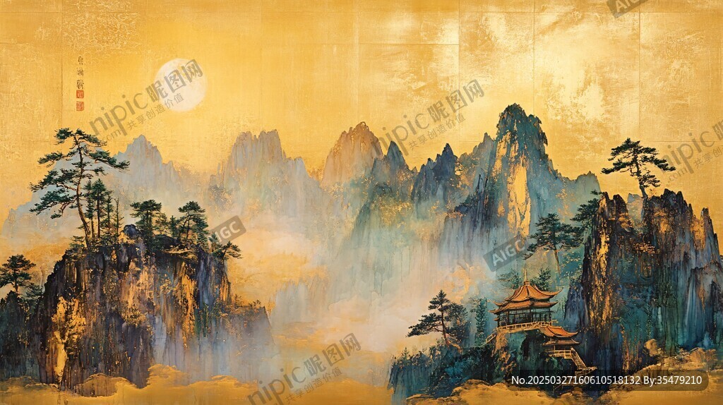 金色山水间的诗意景致