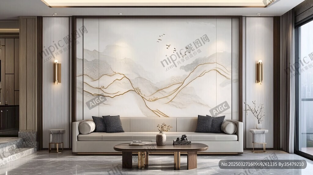 新中式客厅山水壁画背景墙