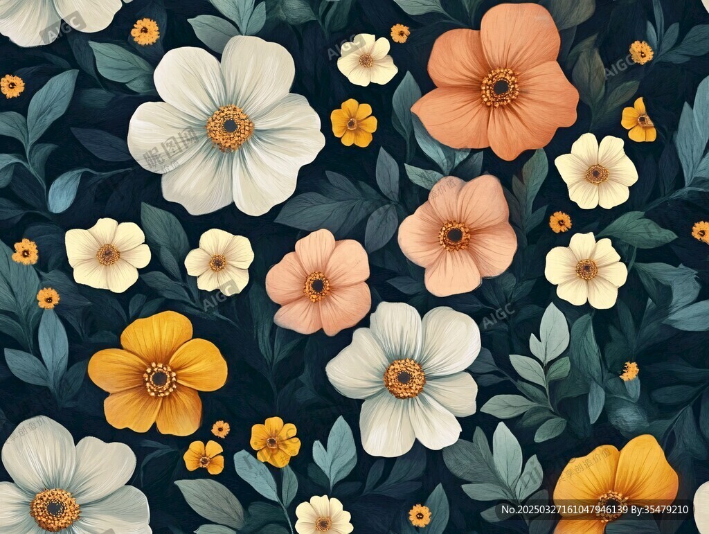 花卉图案 多彩花朵与绿叶