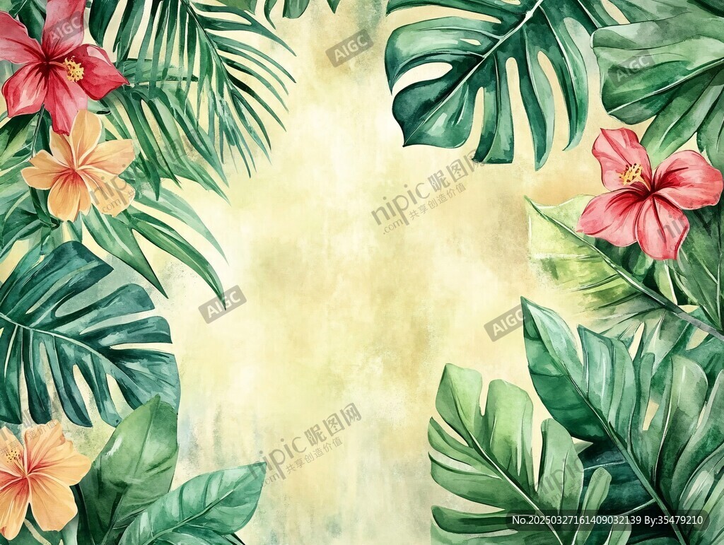 热带花卉绿叶水彩背景图