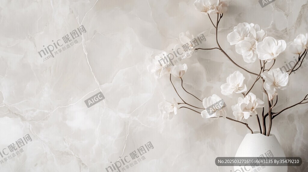 素雅白花插于简约白瓶中
