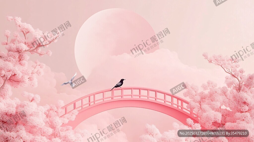 粉色浪漫桥上双鸟栖景