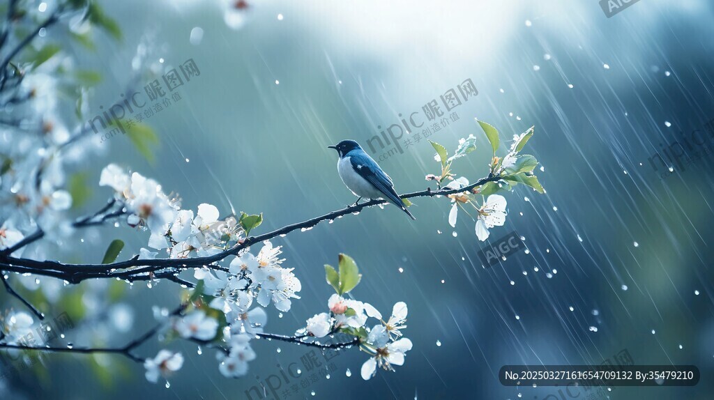 雨中栖于花枝上的小鸟