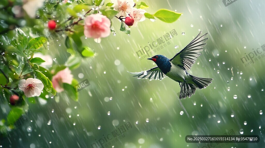 雨中飞鸟戏繁花
