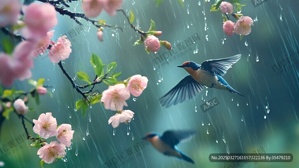 雨中双燕戏繁花