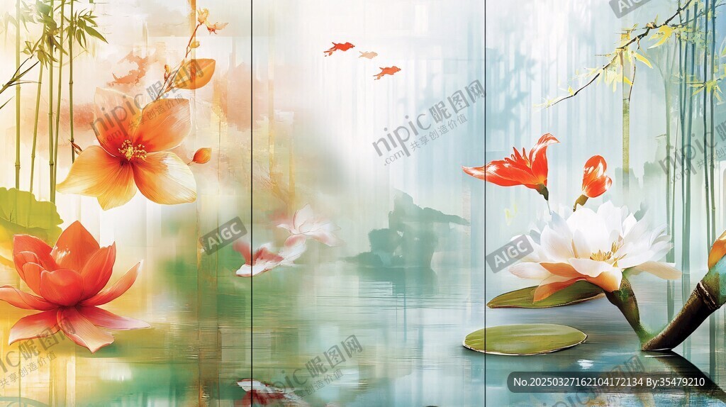 水墨荷花锦鲤中式风景图