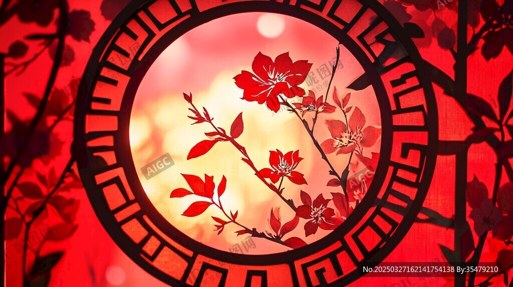中式红窗下的娇艳花枝