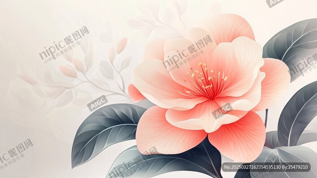 粉色娇艳山茶花插画