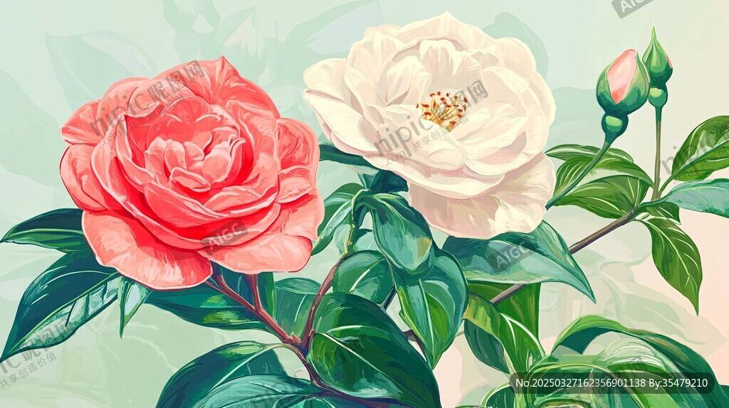 娇艳双色茶花绽放画面
