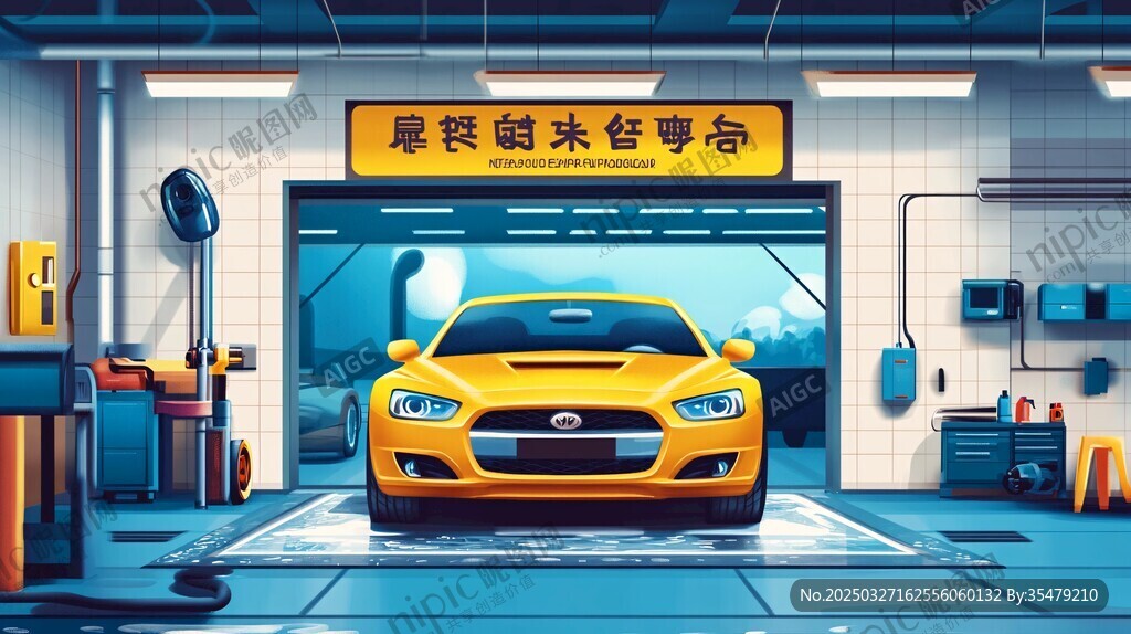 黄色轿车停在专业汽修厂
