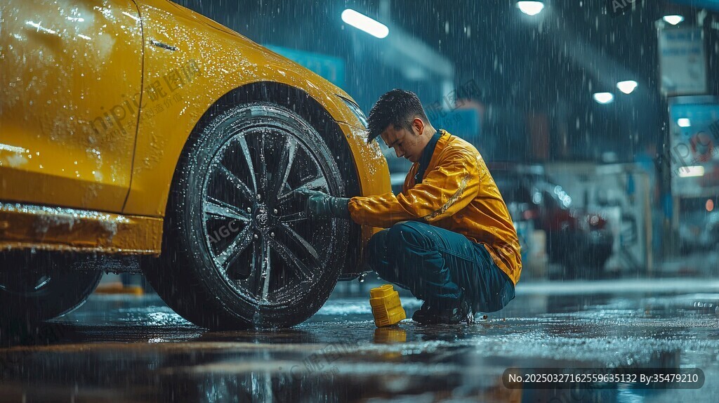 工人雨中专注清洗汽车轮胎