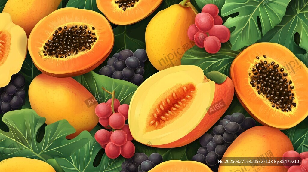 多彩木瓜与葡萄水果插画
