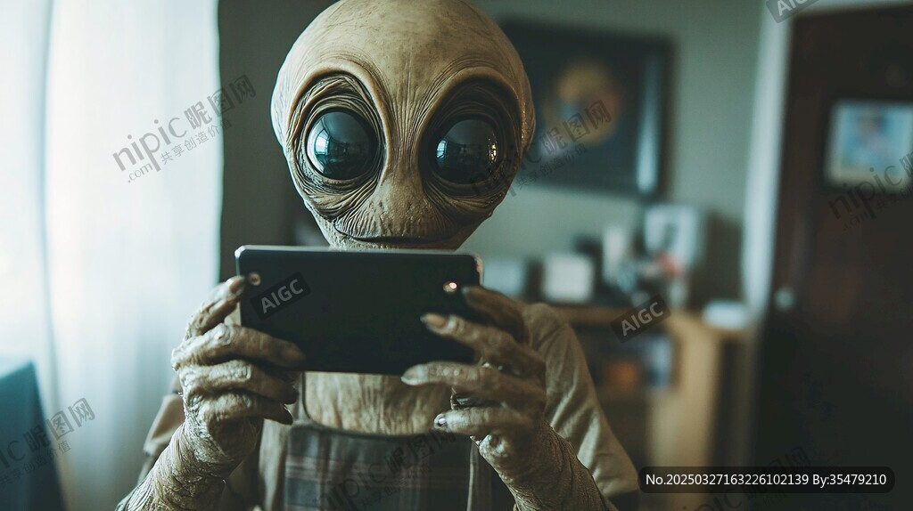外星生物专注玩手机瞬间