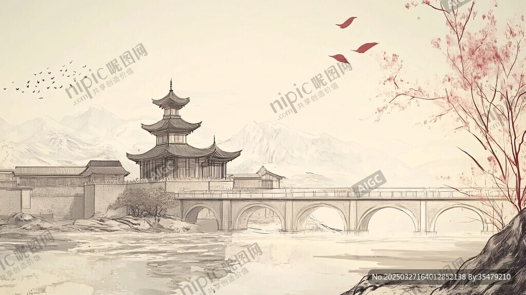古风山水间的亭桥春景
