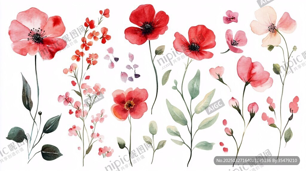 水彩花卉插画 浪漫花朵集合