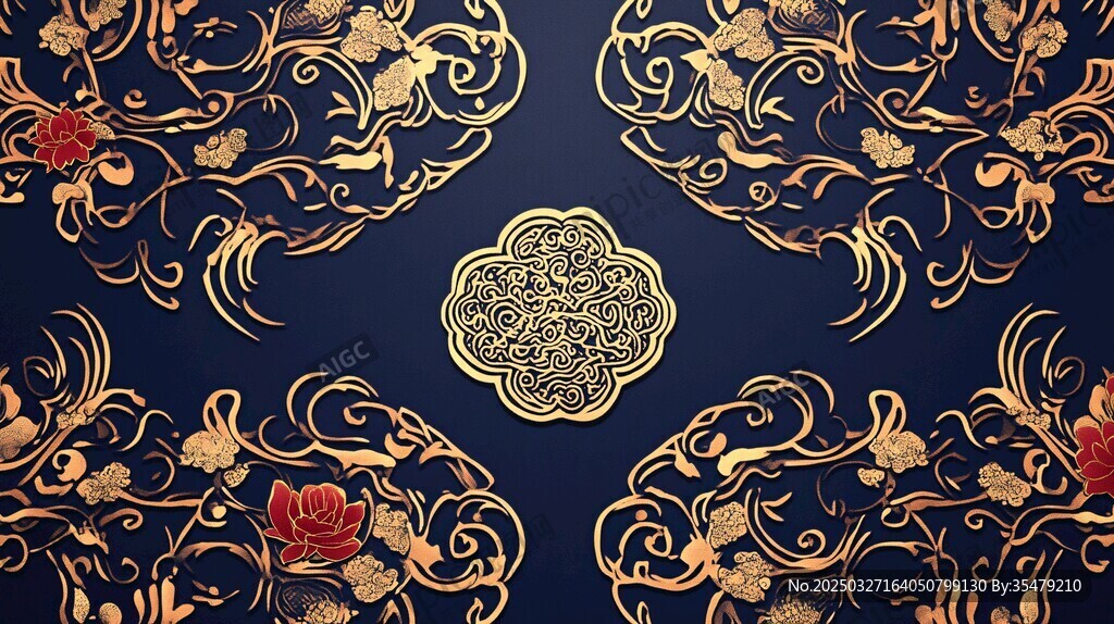 中式黑金花卉古典纹样背景