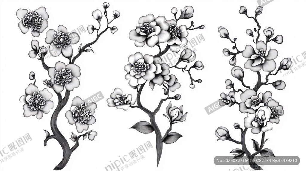 黑白花卉花枝插画素材